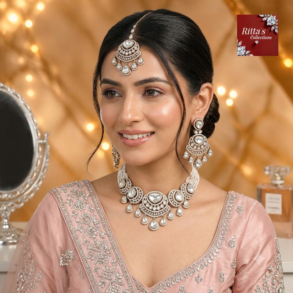 Moissanite Polki Kundan with Zircon Diamond Detailing with Pearls Statement Luxe Necklace with Earrings and Maangtikka