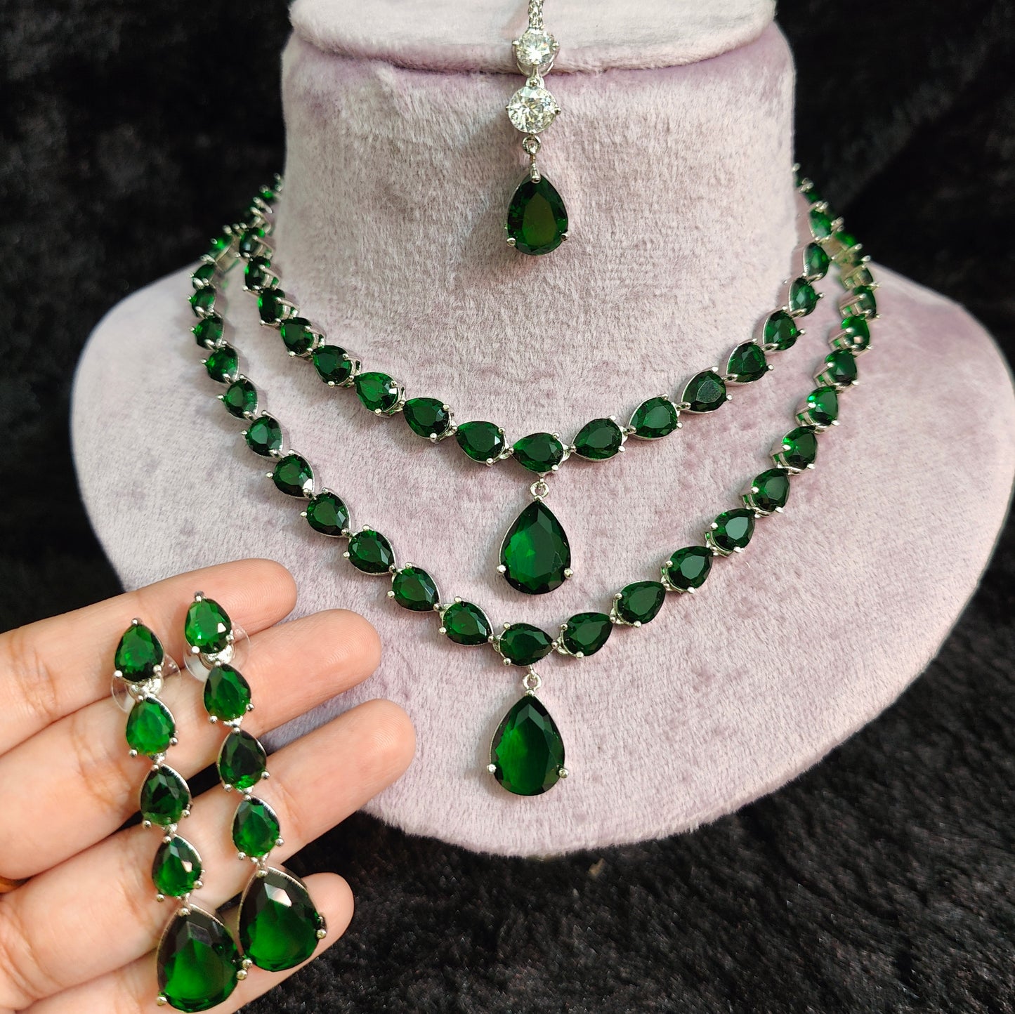 Emerald Green Double Layer Necklace with Earrings and Maangtikka