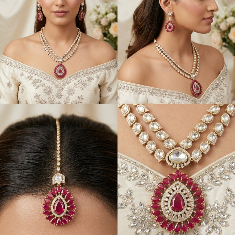 Ruby Pink Polki Kundan American Diamond Necklace with Earrings and Maangtikka