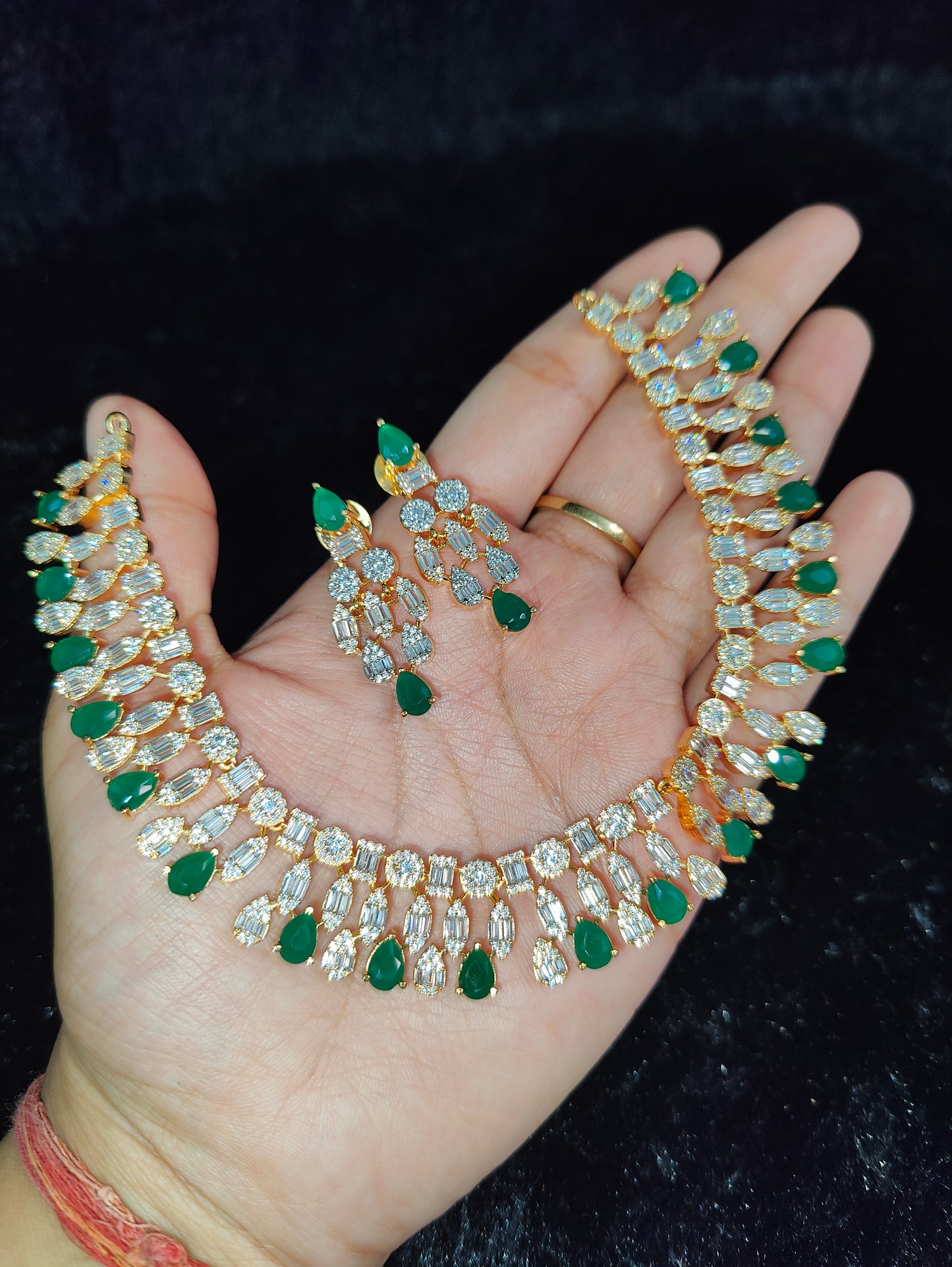 Golden Polish Emerald Green American Diamond Necklace with Earrings