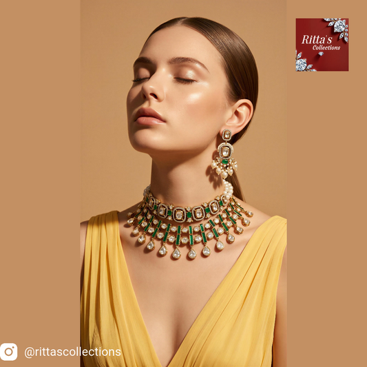 Emerald Green American Diamond Kundan, set of 2 necklaces and 2 pair of earrings