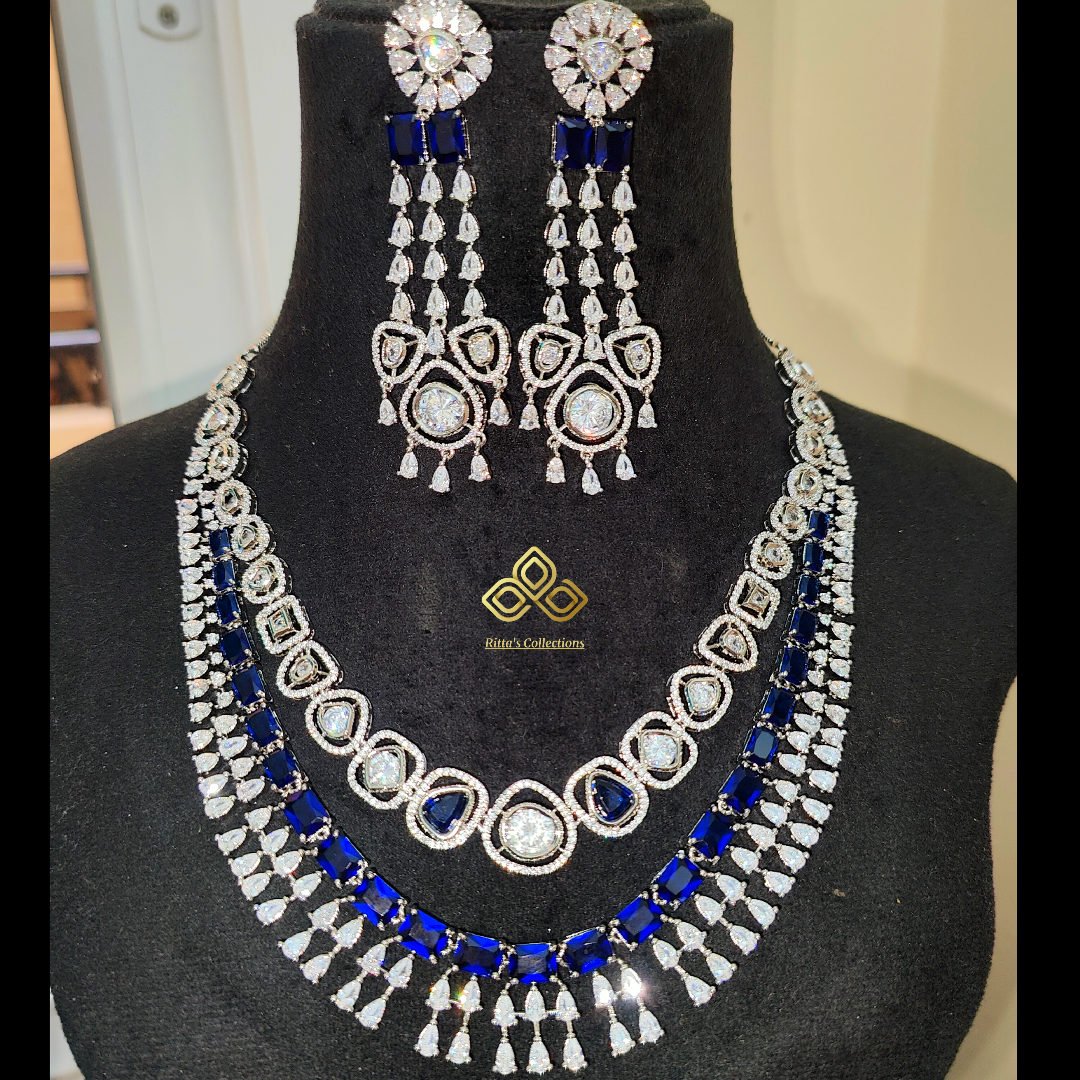 Double Layer Blue American Diamond Necklace with Earrings