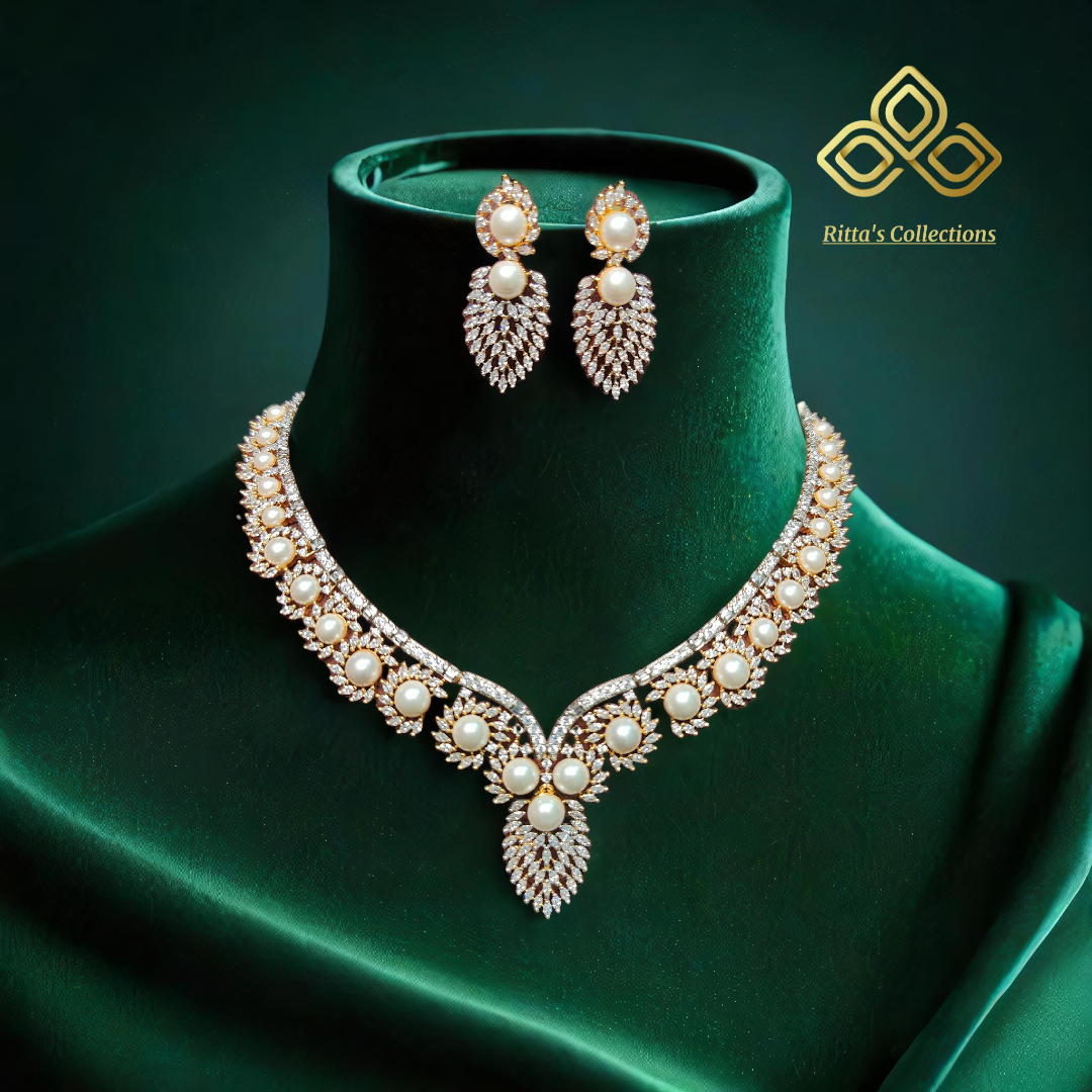 American Diamond Necklace Set with Pearls, Golden Polish