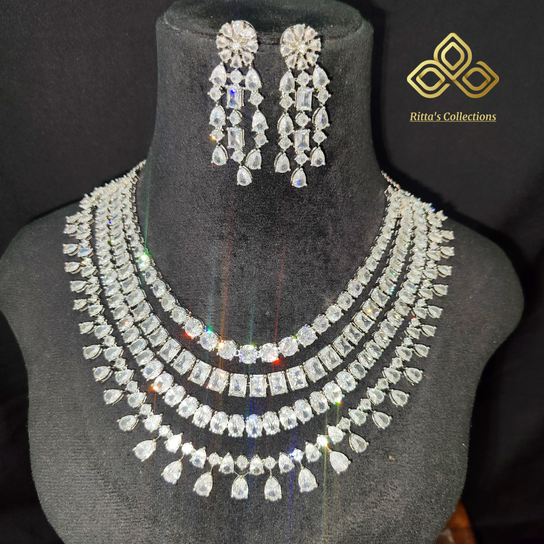 4 Layer American Diamond Necklace Set with Earrings