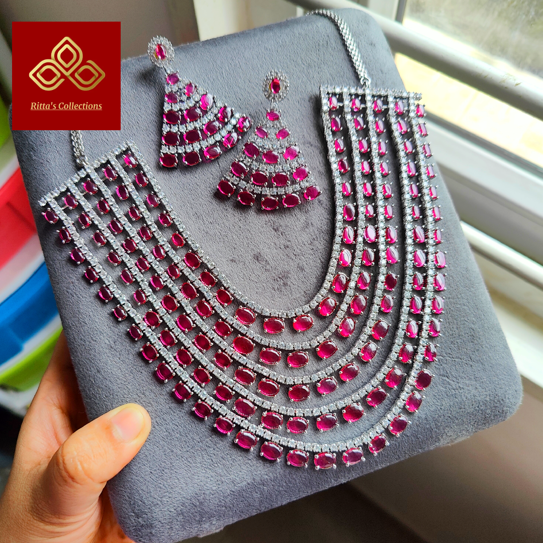 5 Layer Ruby Pink AD Necklace with Earrings