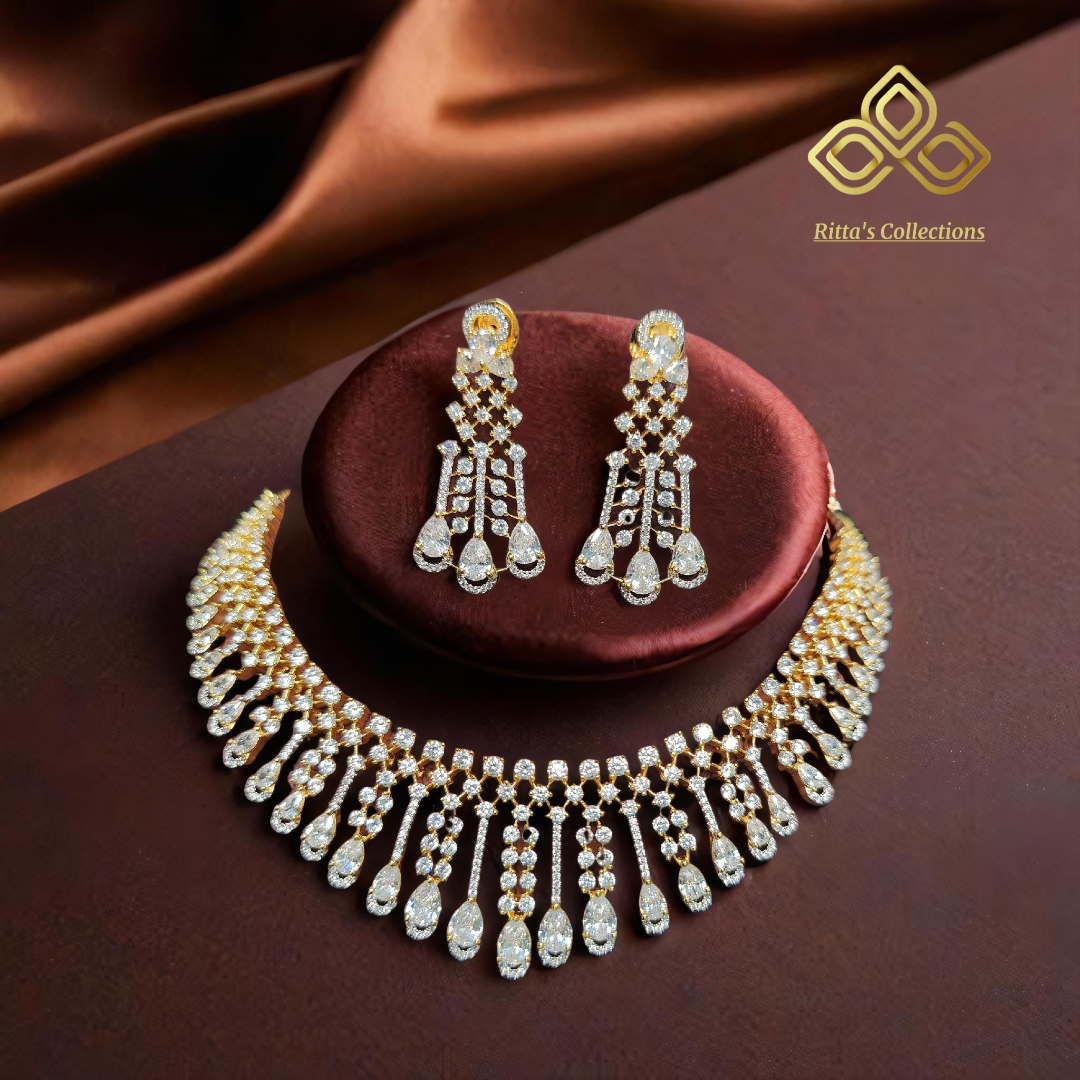 Golden Polish American Diamond Necklace with Earrings