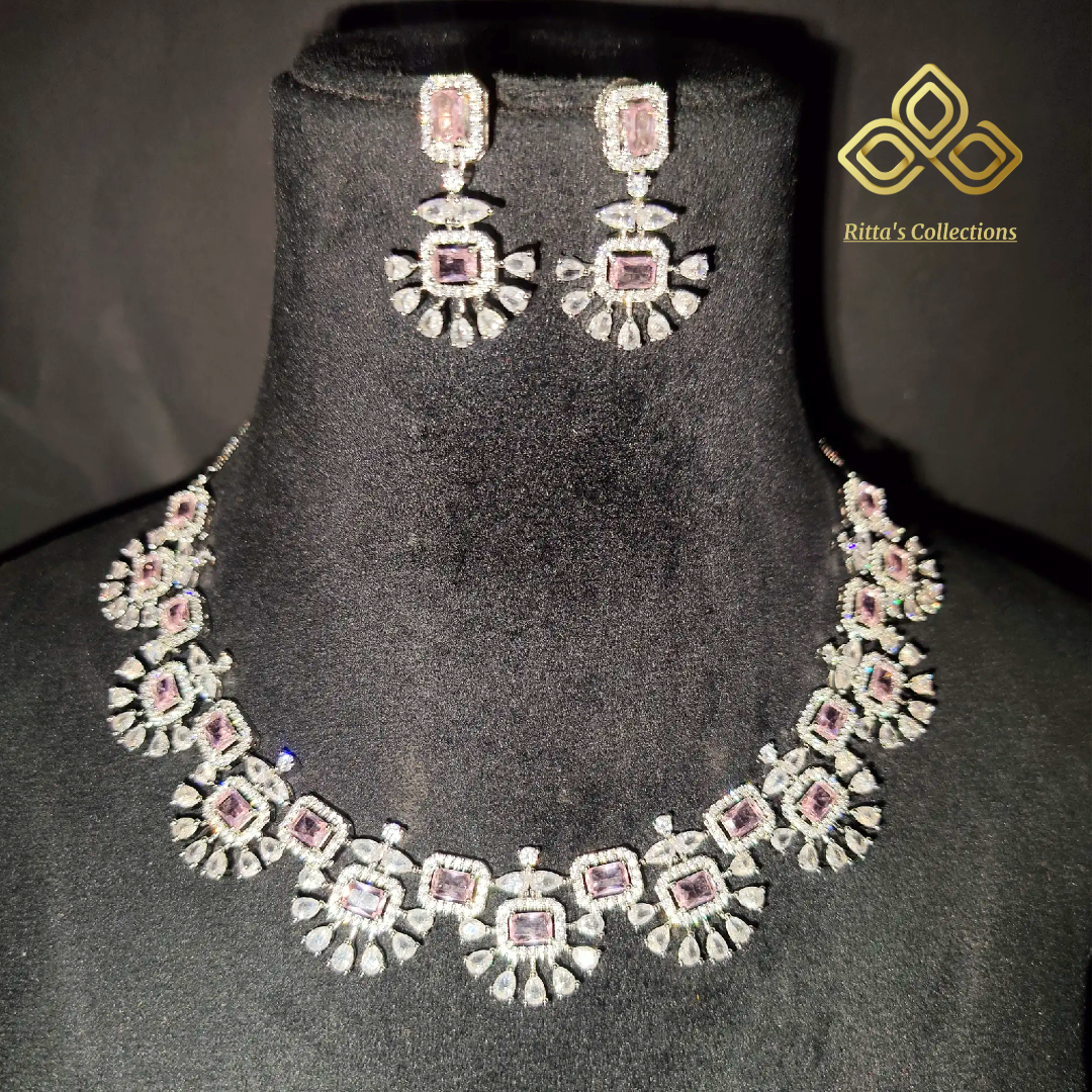 Blush Pink American Diamond Necklace with Earrings, swipe for video