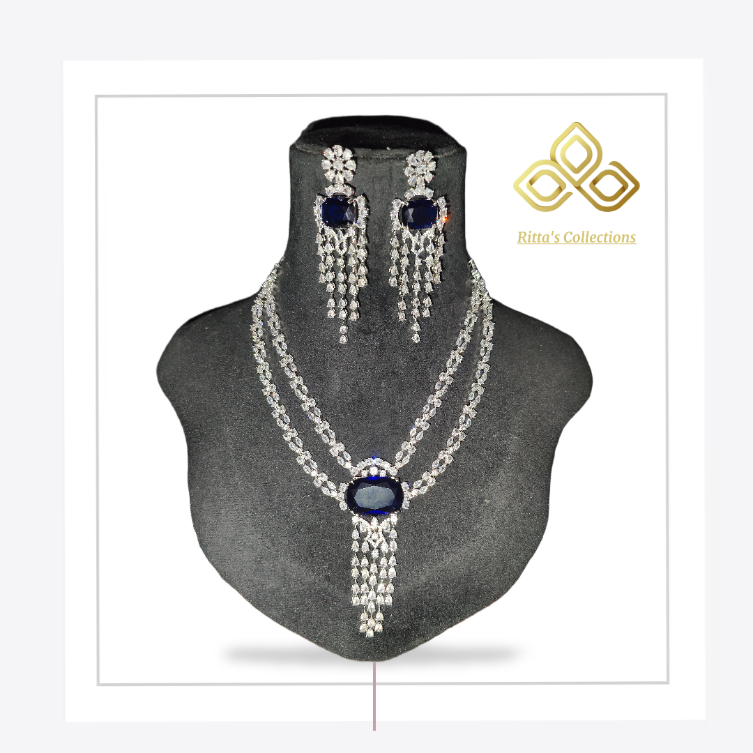 AAA Quality Blue American Diamond Necklace with Earrings