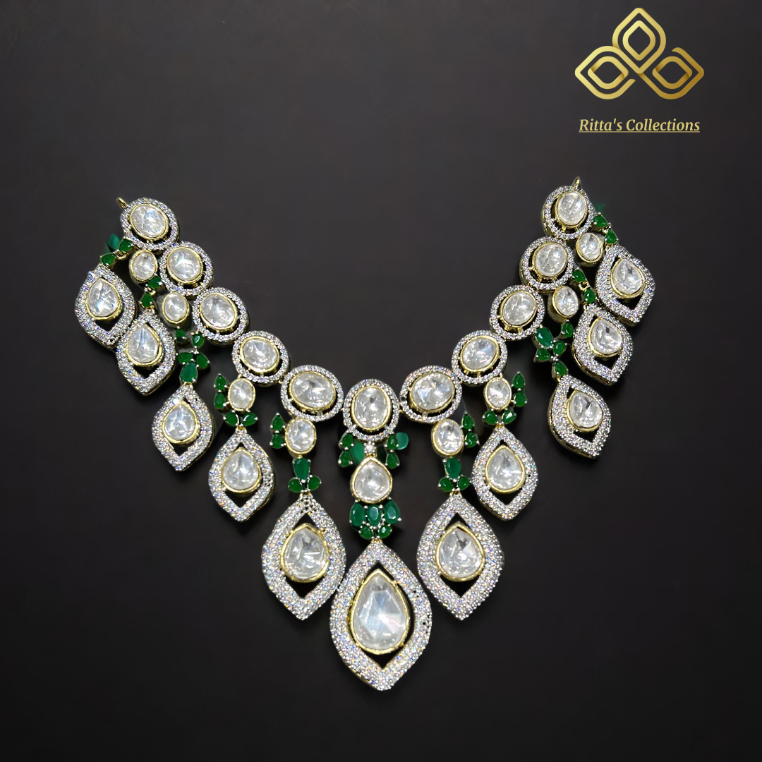 Polki Kundan Emerald Green American Diamond Necklace with Earrings