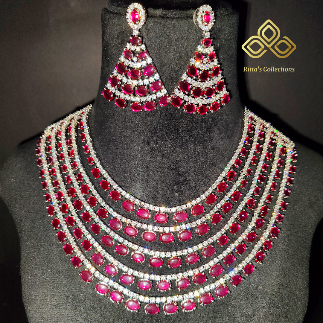 5 Layer Ruby Pink AD Necklace with Earrings