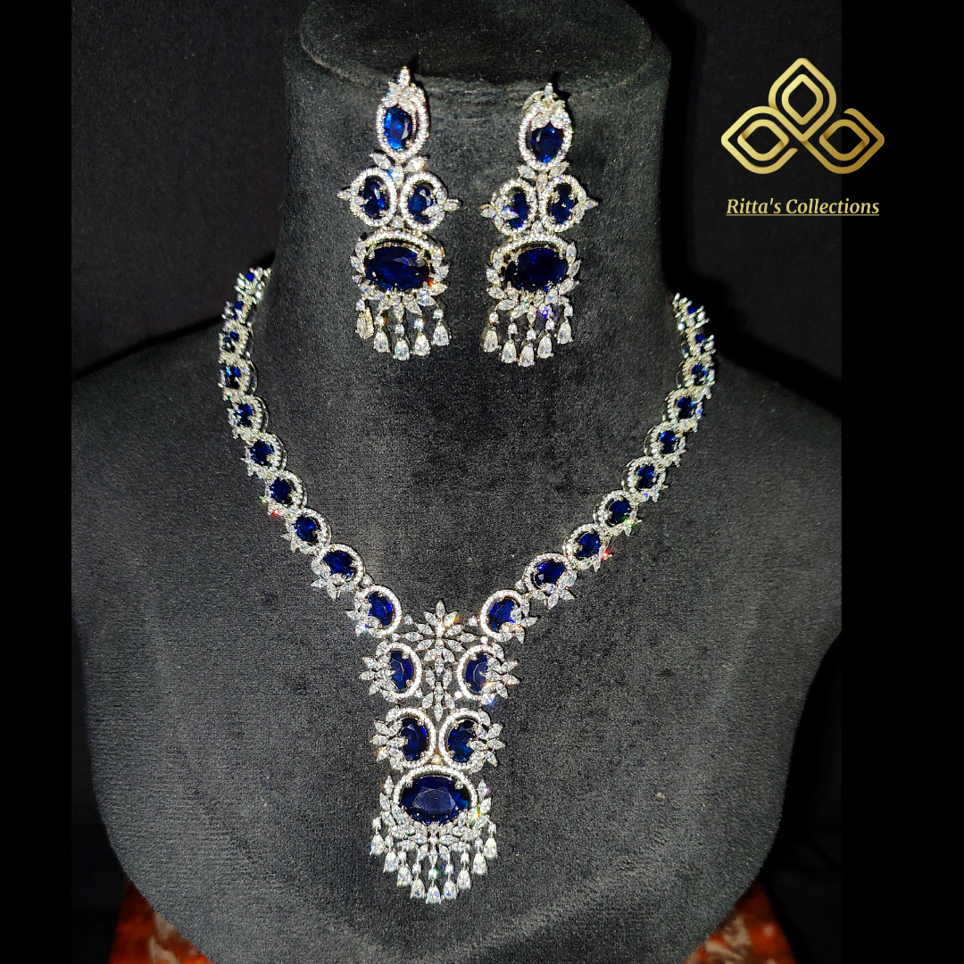 Ritta's Collections Blue American Diamond Necklace with Earrings