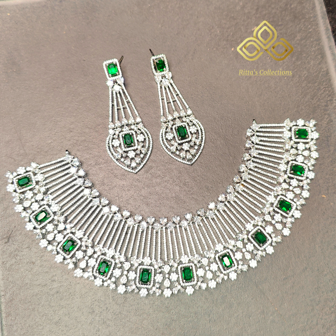 Emerald Green American Diamond Necklace with Earrings