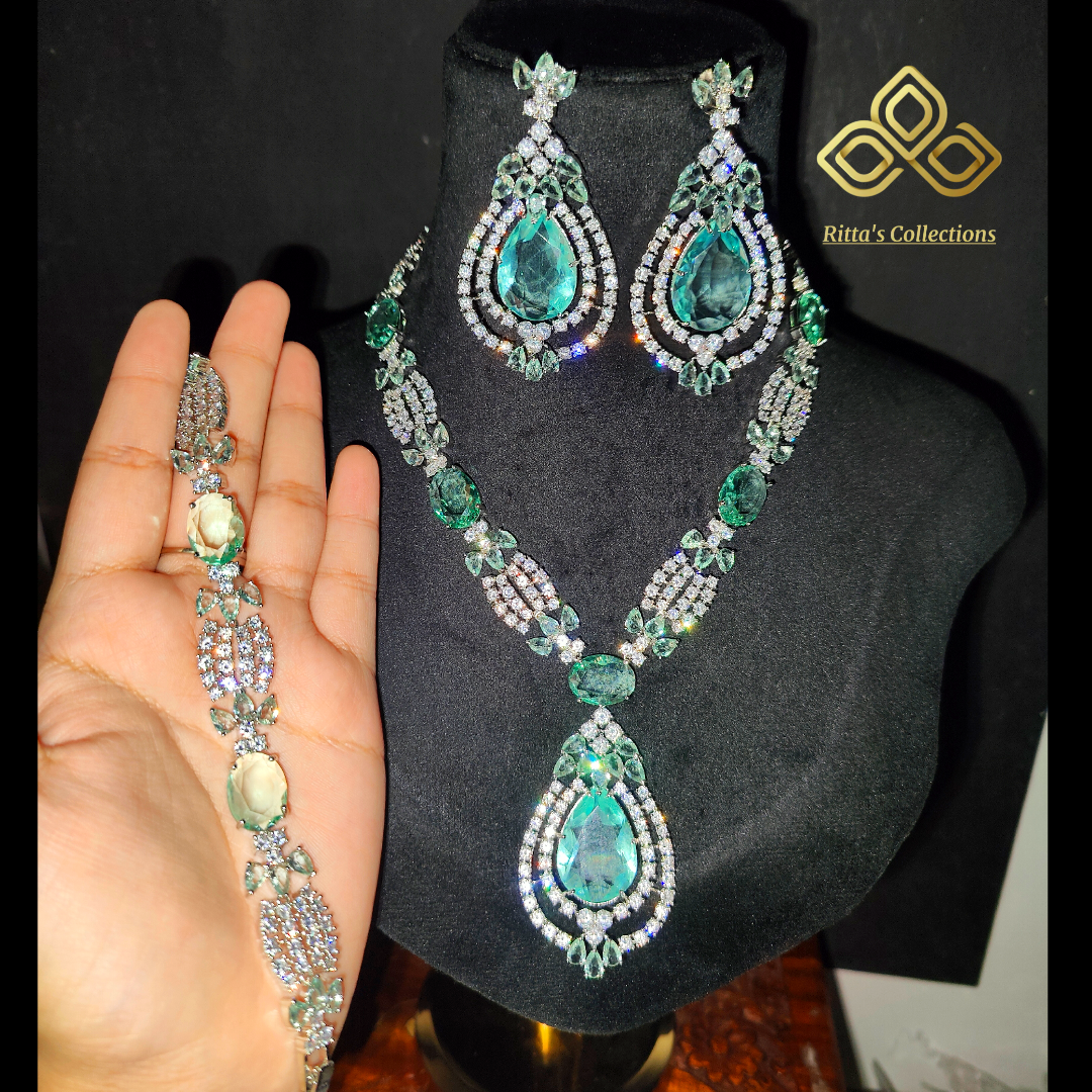 Ice Green Colour American Diamond Necklace with Earrings and Bracelet