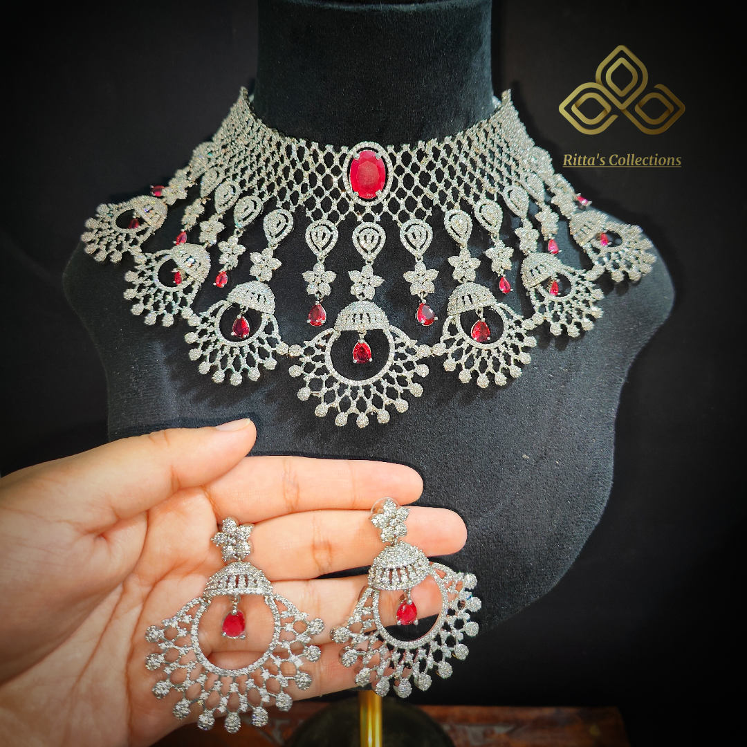 Ruby Pink/Red American Diamond Necklace with Earrings