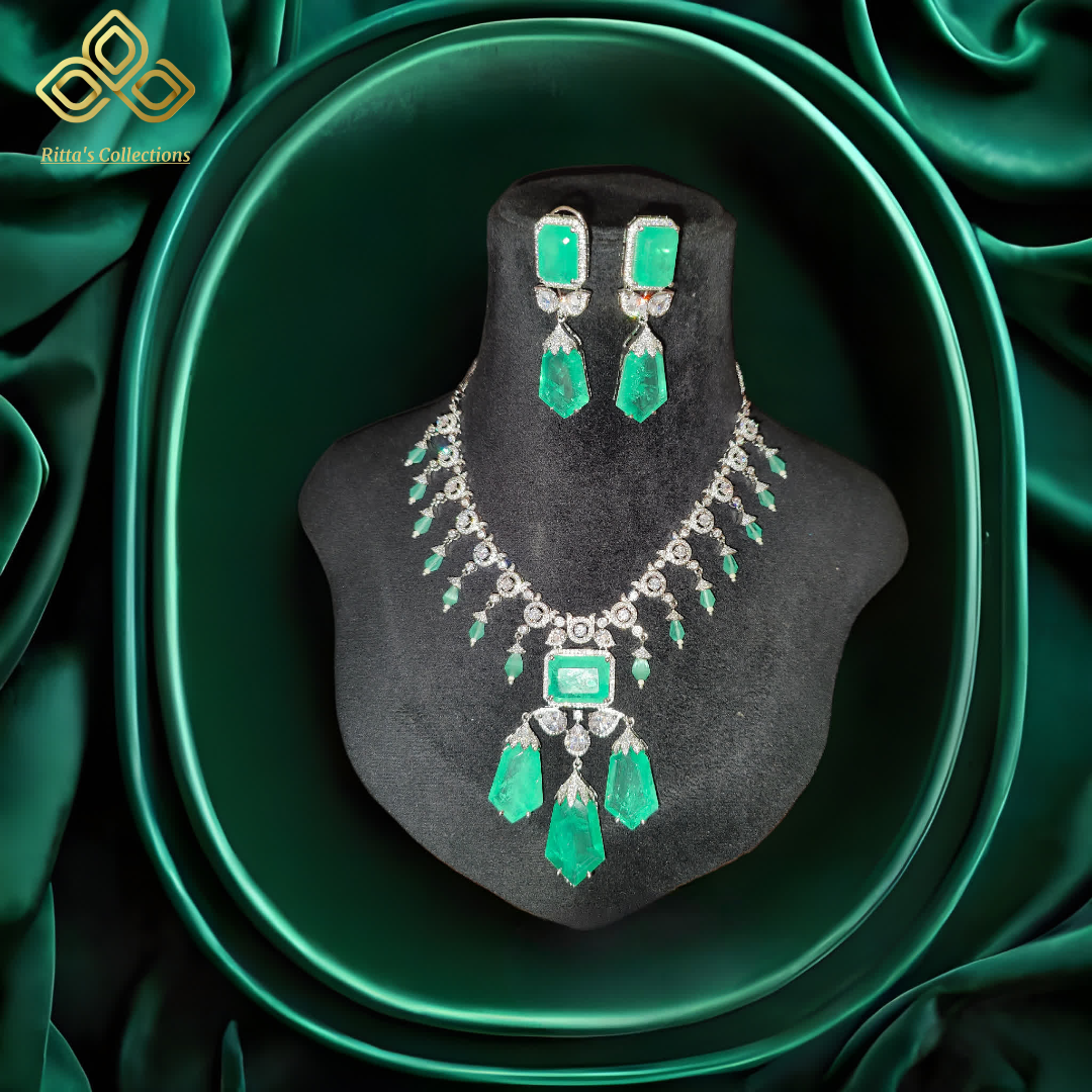 Rama Green/mint green, Doublets American Diamond Necklace with Earrings
