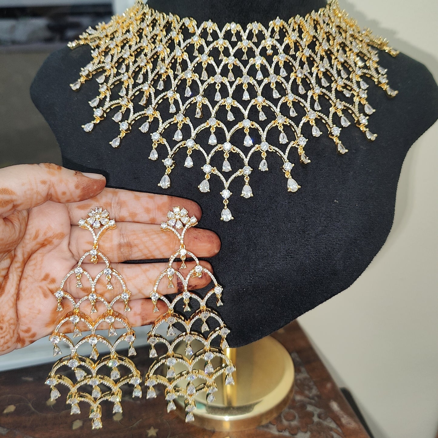 Golden Polish Exclusive American Diamond Chokar Necklace with Earrings