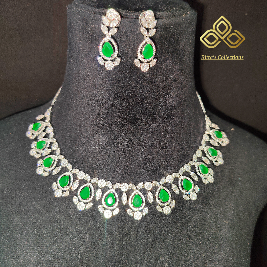 Green American Diamond Necklace with Earrings