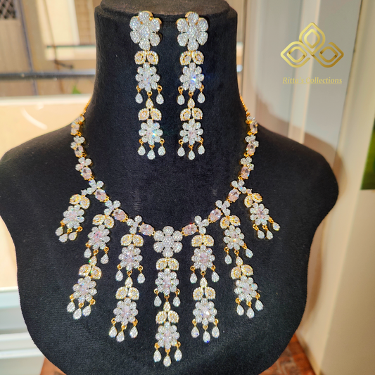 Ivory Favourite, Dual Tone Ganga Jamuna Polish American Diamond Necklace with Earrings