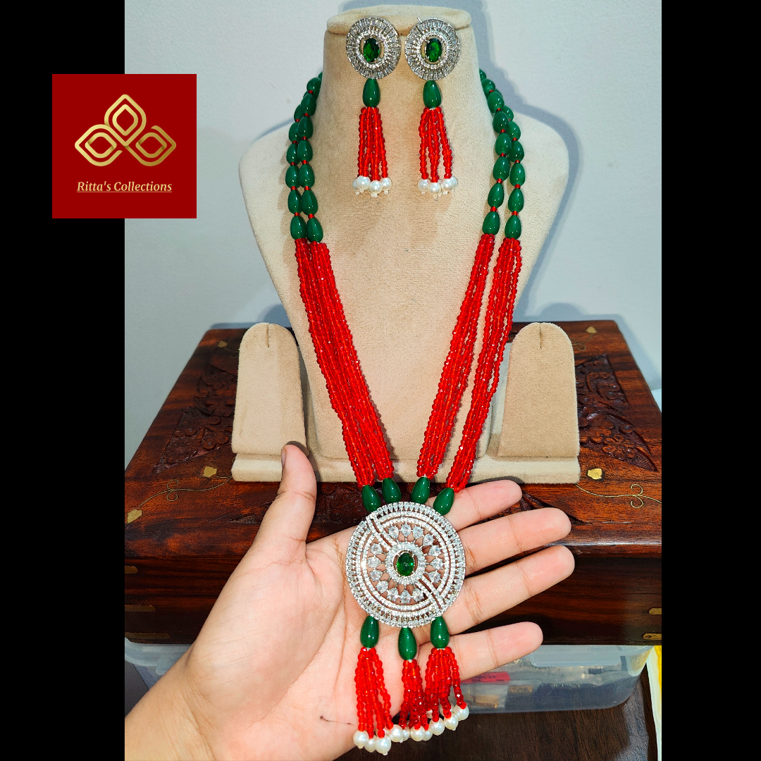 Red & Green colour Hydro beads, Onyx beads with AD Pandent Set