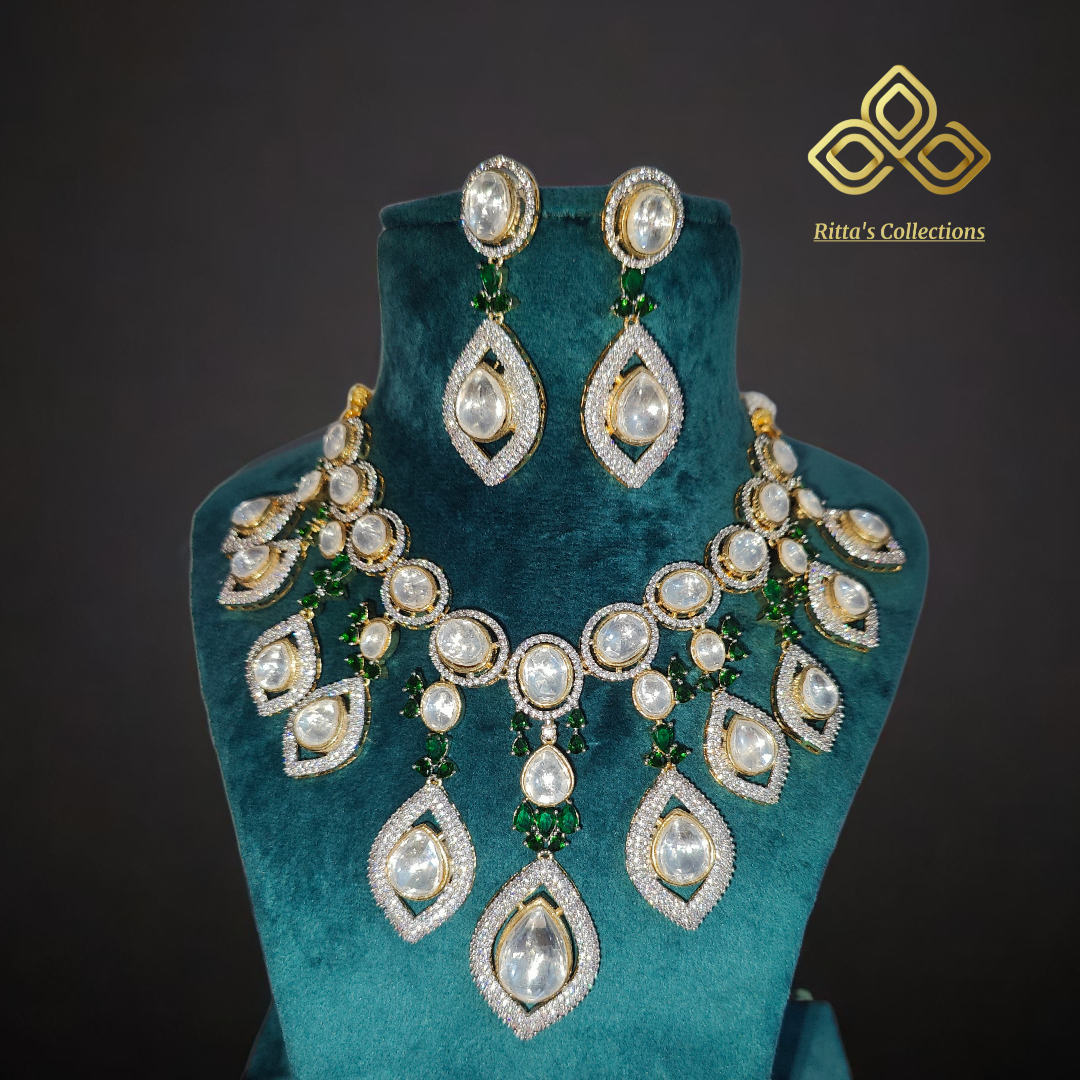 Polki Kundan Emerald Green American Diamond Necklace with Earrings