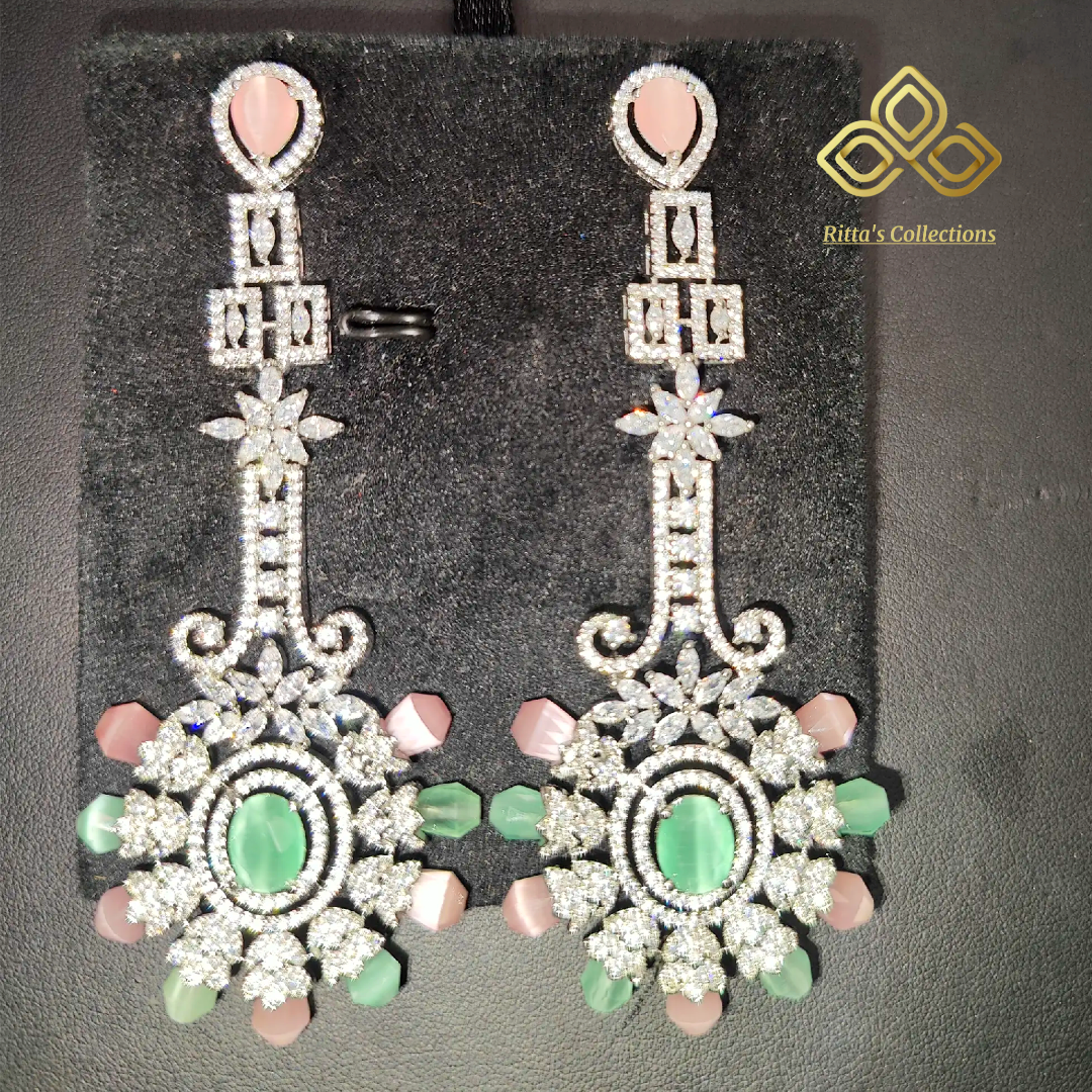 Ritta's EarLuxe Baby Pink & Mint Green American Diamond Earrings