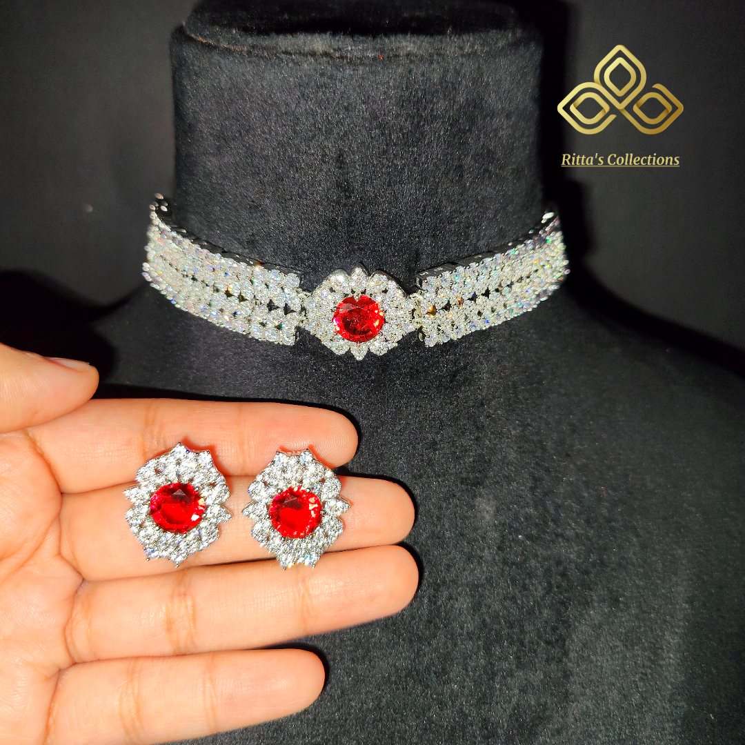 Red American Diamond Chokar with Earrings