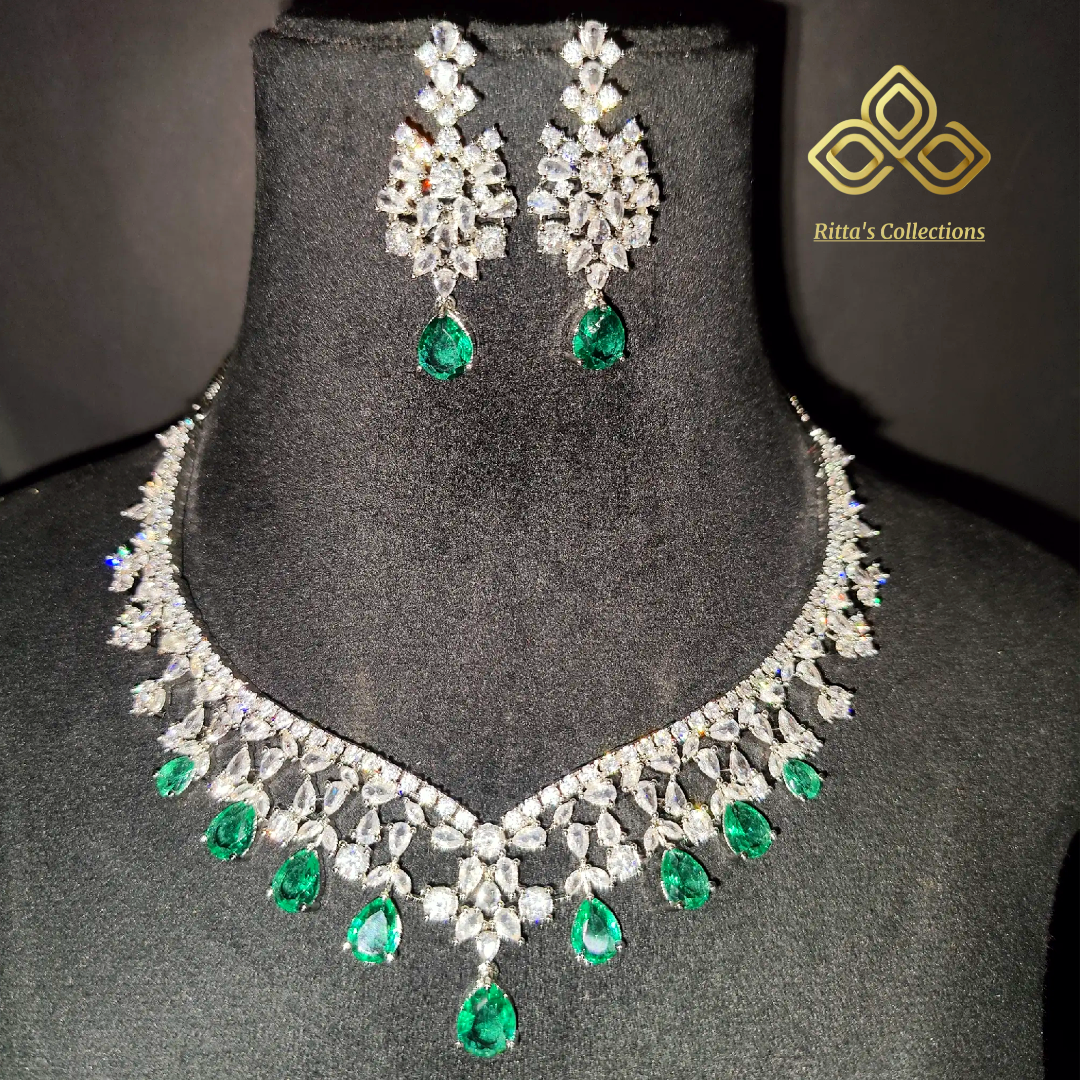 Rama Green Sweetheart American Diamond Necklace with Earrings