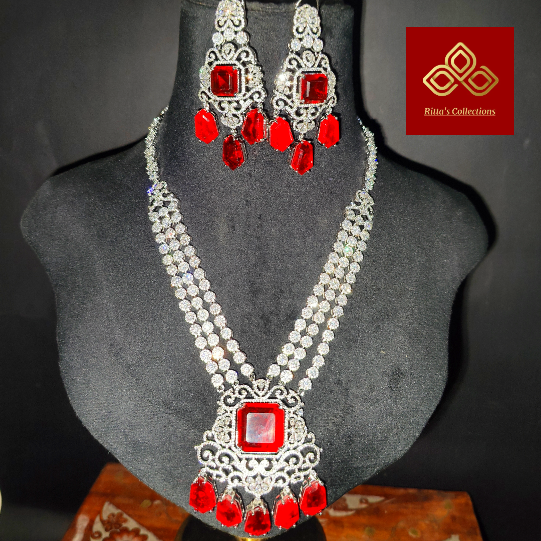 Premium Red Doublets American Diamond Necklace with Earrings