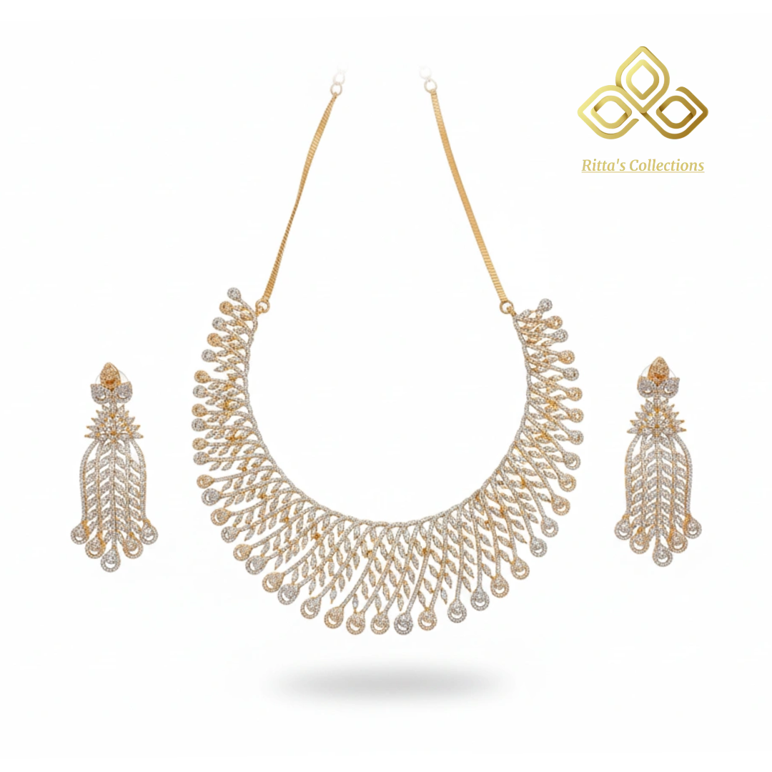 Premium American Diamond Necklace with Earrings, Two tone Golden Ganga Jamuna Polish