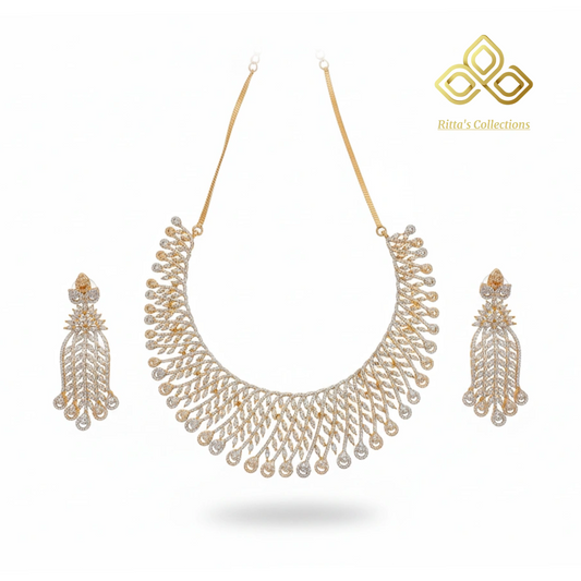 Premium American Diamond Necklace with Earrings, Two tone Golden Ganga Jamuna Polish