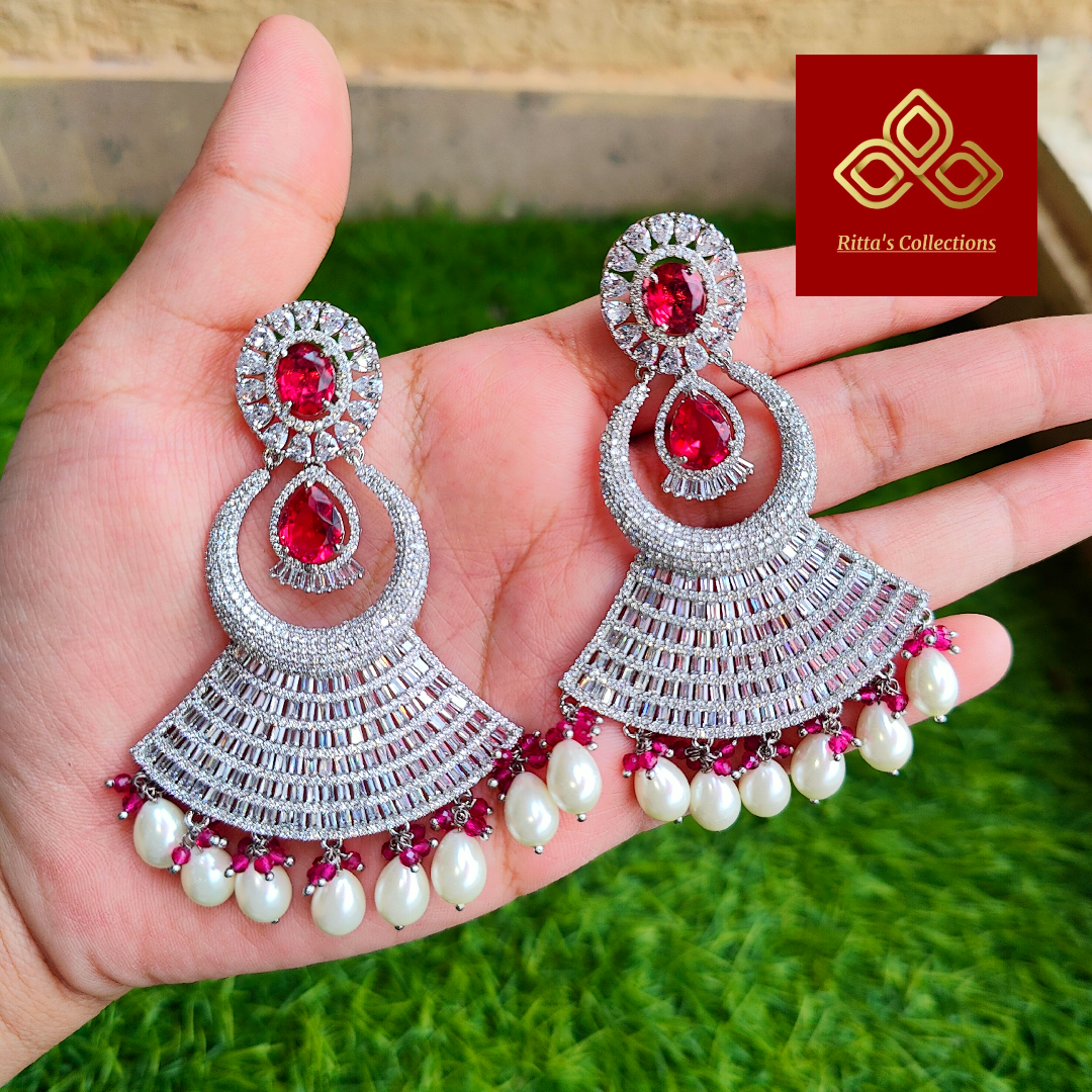 Red American Diamond Earrings with Pearls