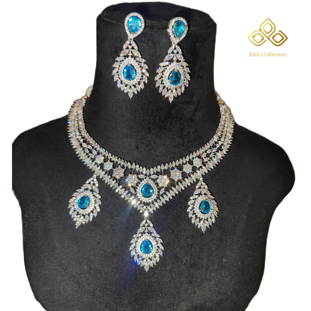 Aqua Blue American Diamond Necklace with Earrings
