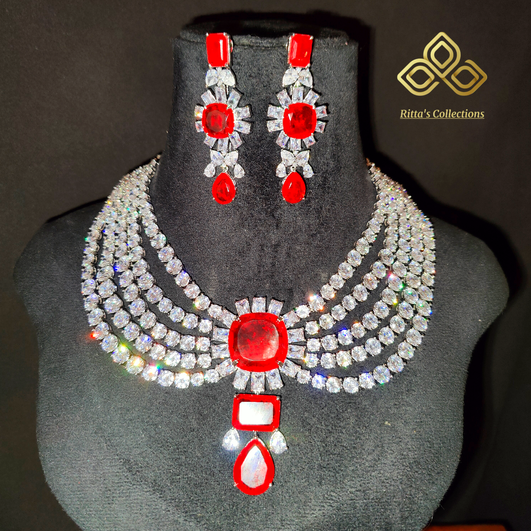 Red Colour 5 Layer American Diamond Necklace with Earrings, AAA Quality Solitaires, swipe for video