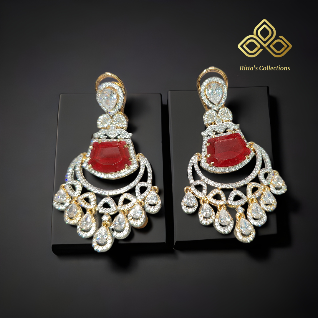 Ritta's EarLuxe Ruby Pink American Diamond Earrings with High Gold Polish, swipe for video