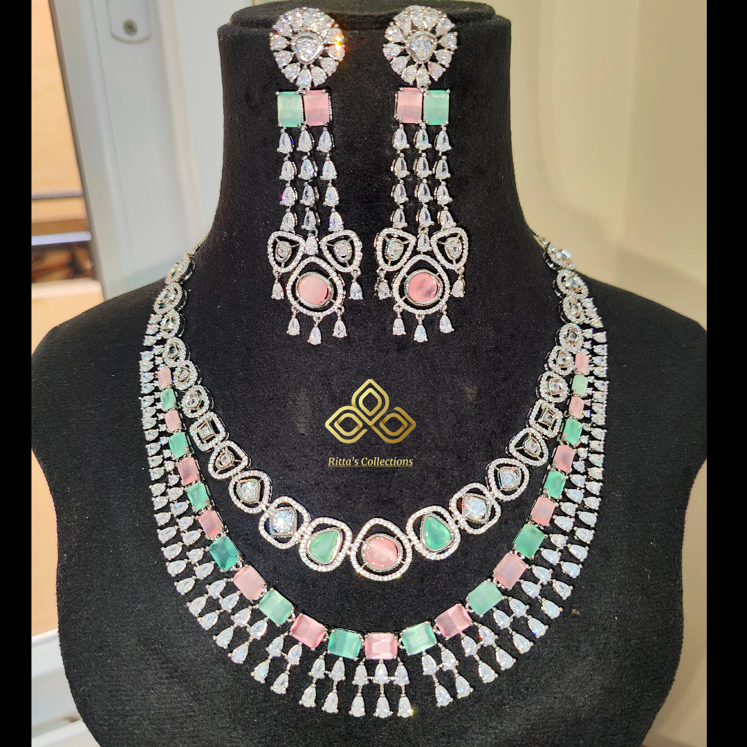 Mint Green and Baby Pink Multi colour Double Layer American Diamond Necklace with Earrings