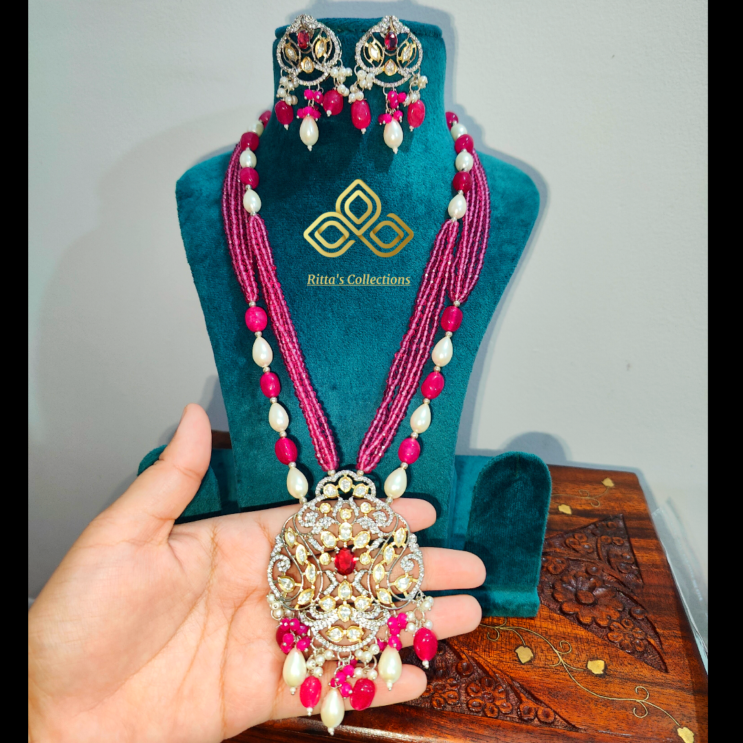 Pink Hydro Beads, Onyx Beads and pearl necklace with earrings