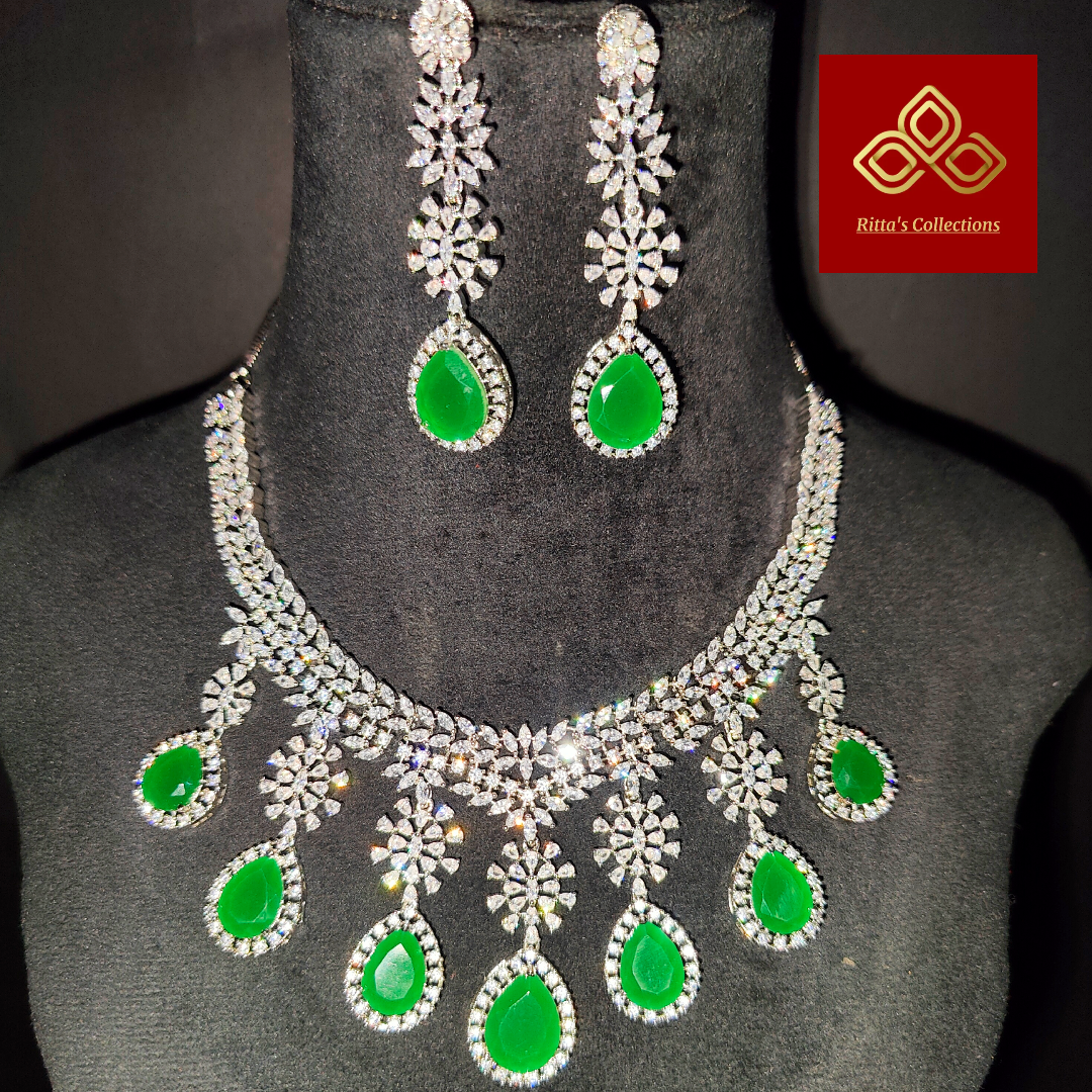 Green American Diamond Necklace with earrings