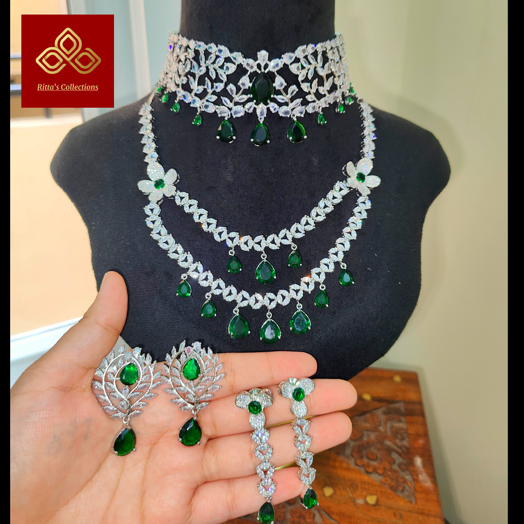 Combo of 2 Emerald Green American Diamond Necklaces with Earrings