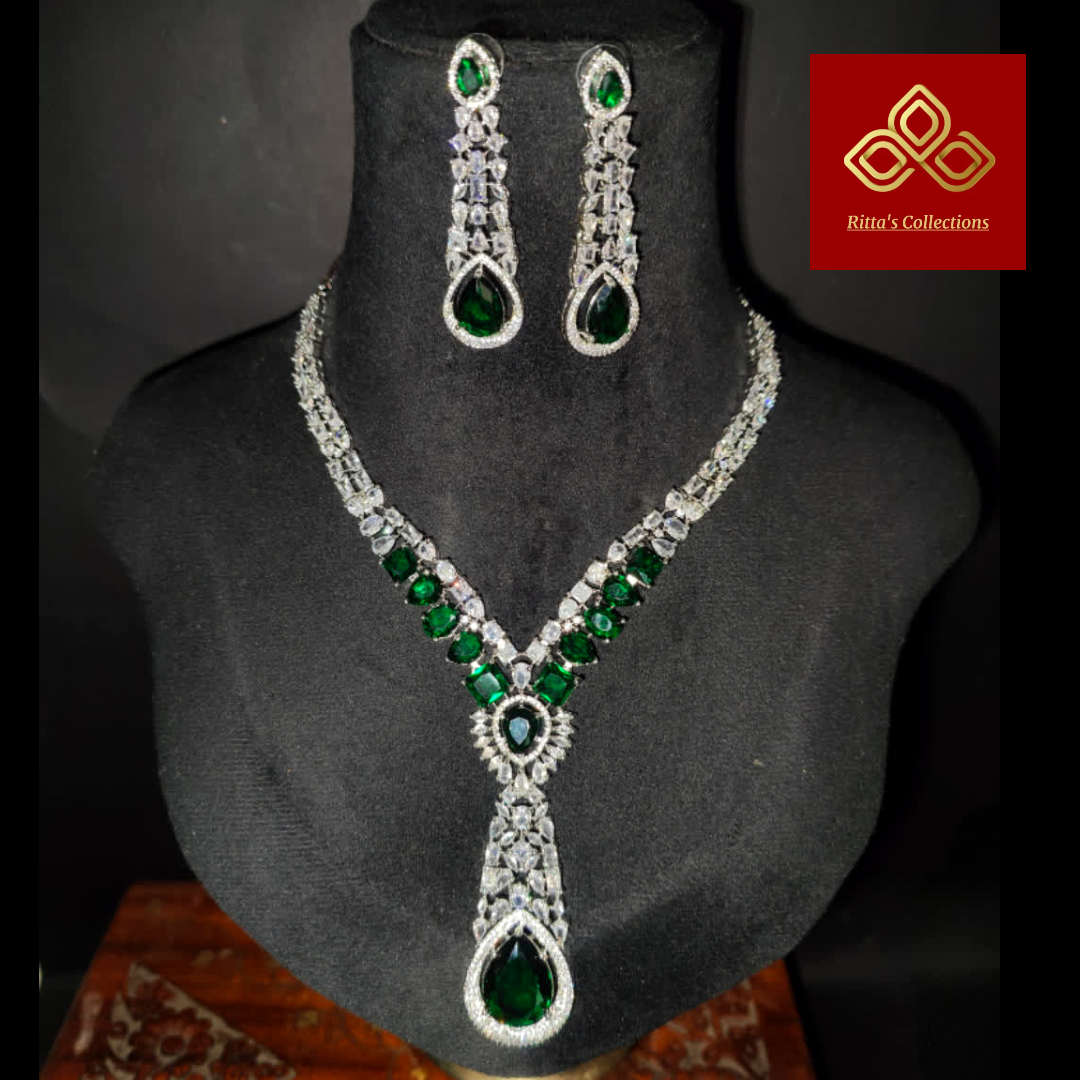 Statement Emerald Green American Diamond Necklace with Earrings