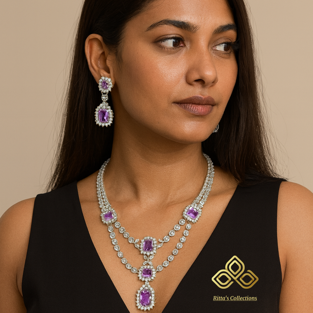 Lavender Purple American Diamond Necklace with Earrings