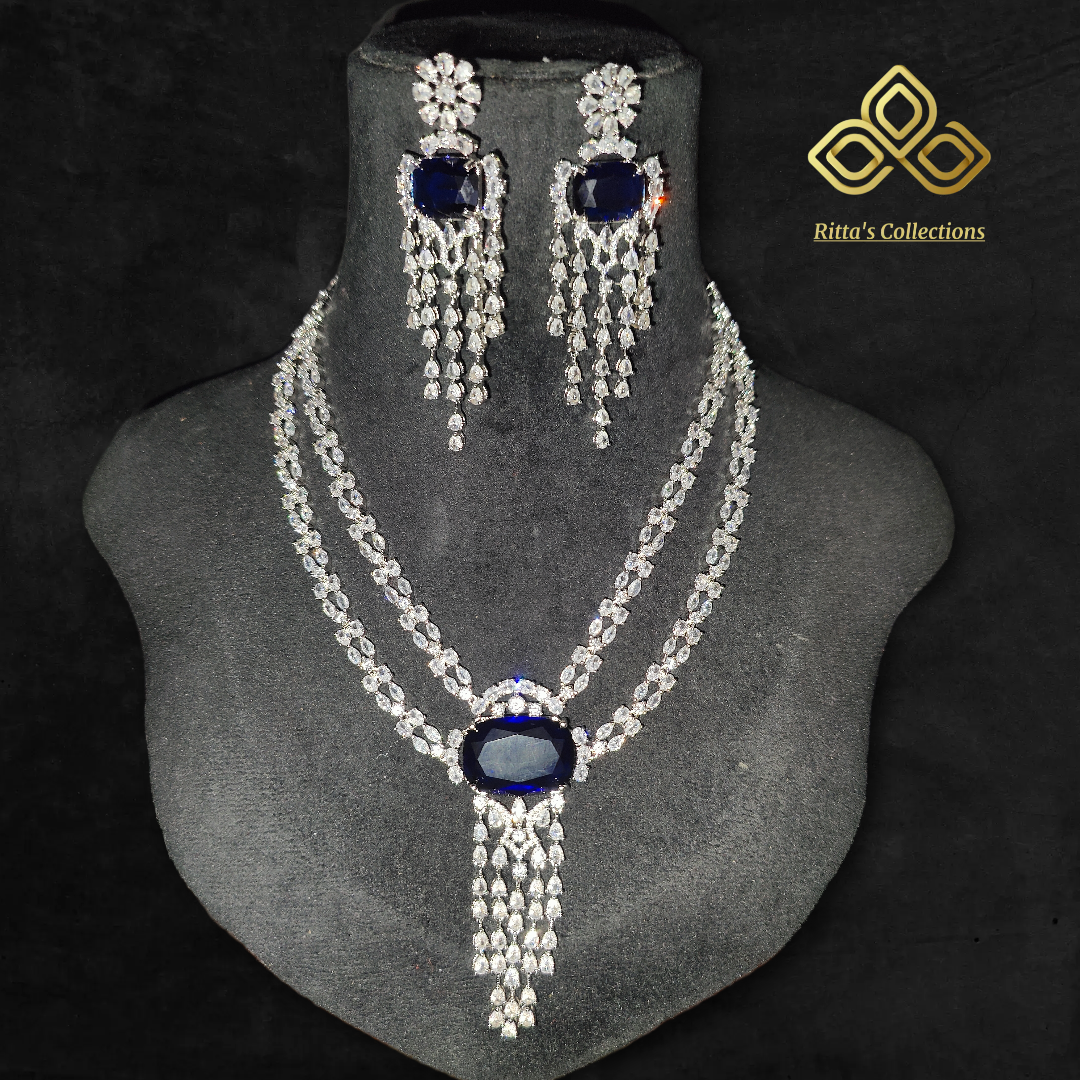 AAA Quality Blue American Diamond Necklace with Earrings
