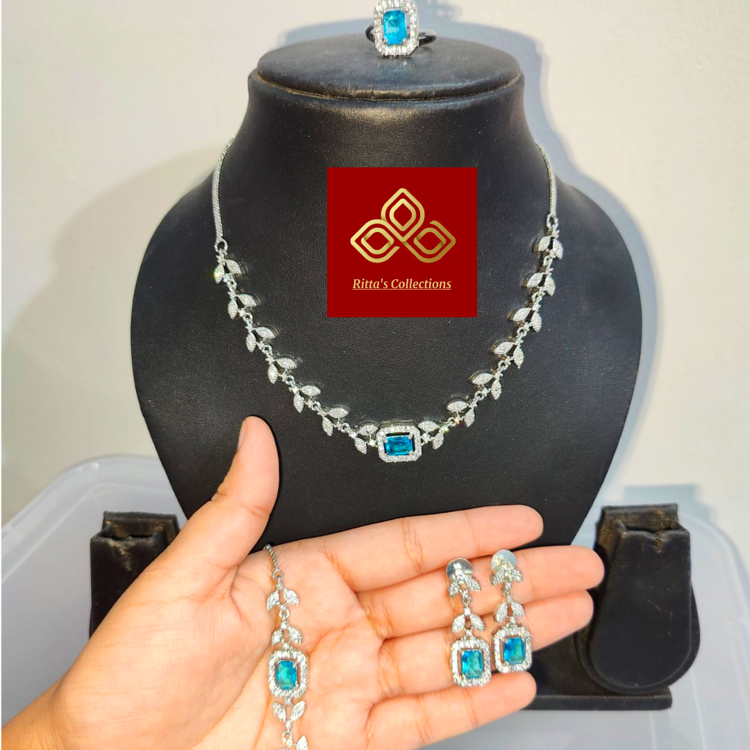 4 Piece Combo Jewellery Set
Earrings, Finger ring, Necklace, Bracelet, Sky Blue Colour