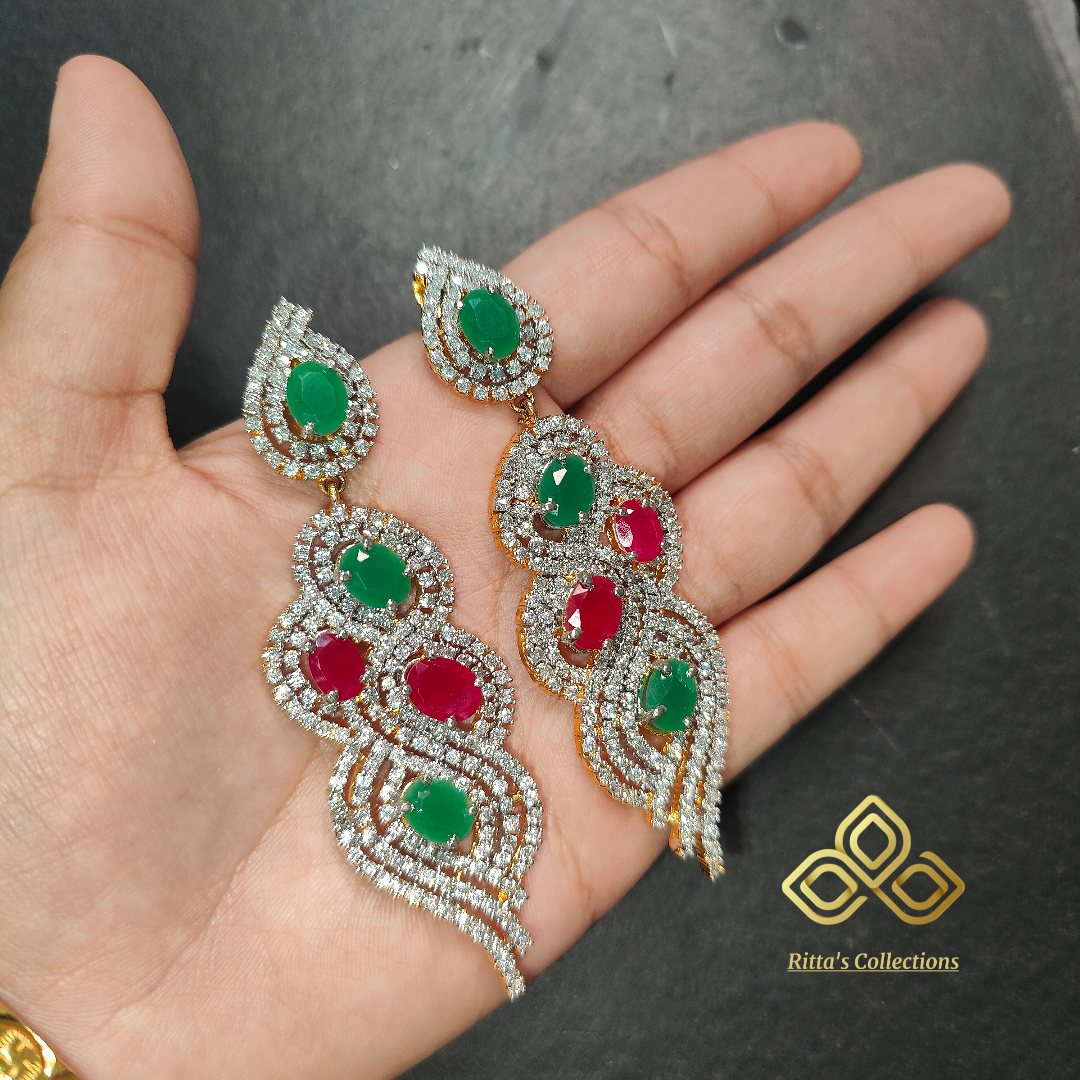 Ritta's EarLuxe, Green & Ruby Pink American Diamond Gold Polish Earrings