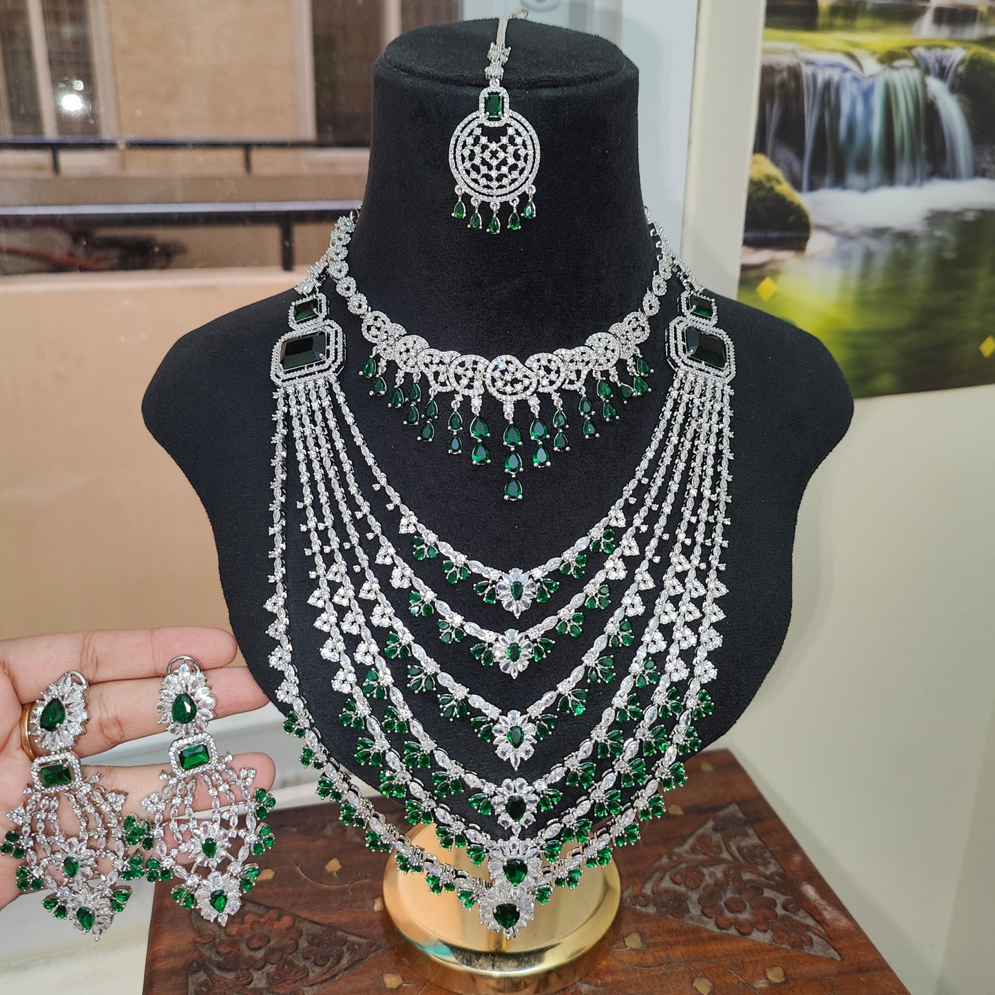Bridal Emerald Green American Diamond Necklace Set, 6 layers necklace with 1 short necklace, earrings and Maangtikka