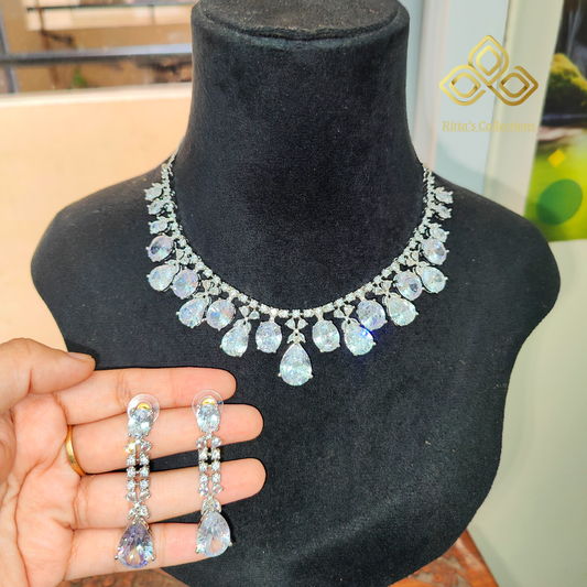 Rhodium Plated American Diamond Necklace with Earrings