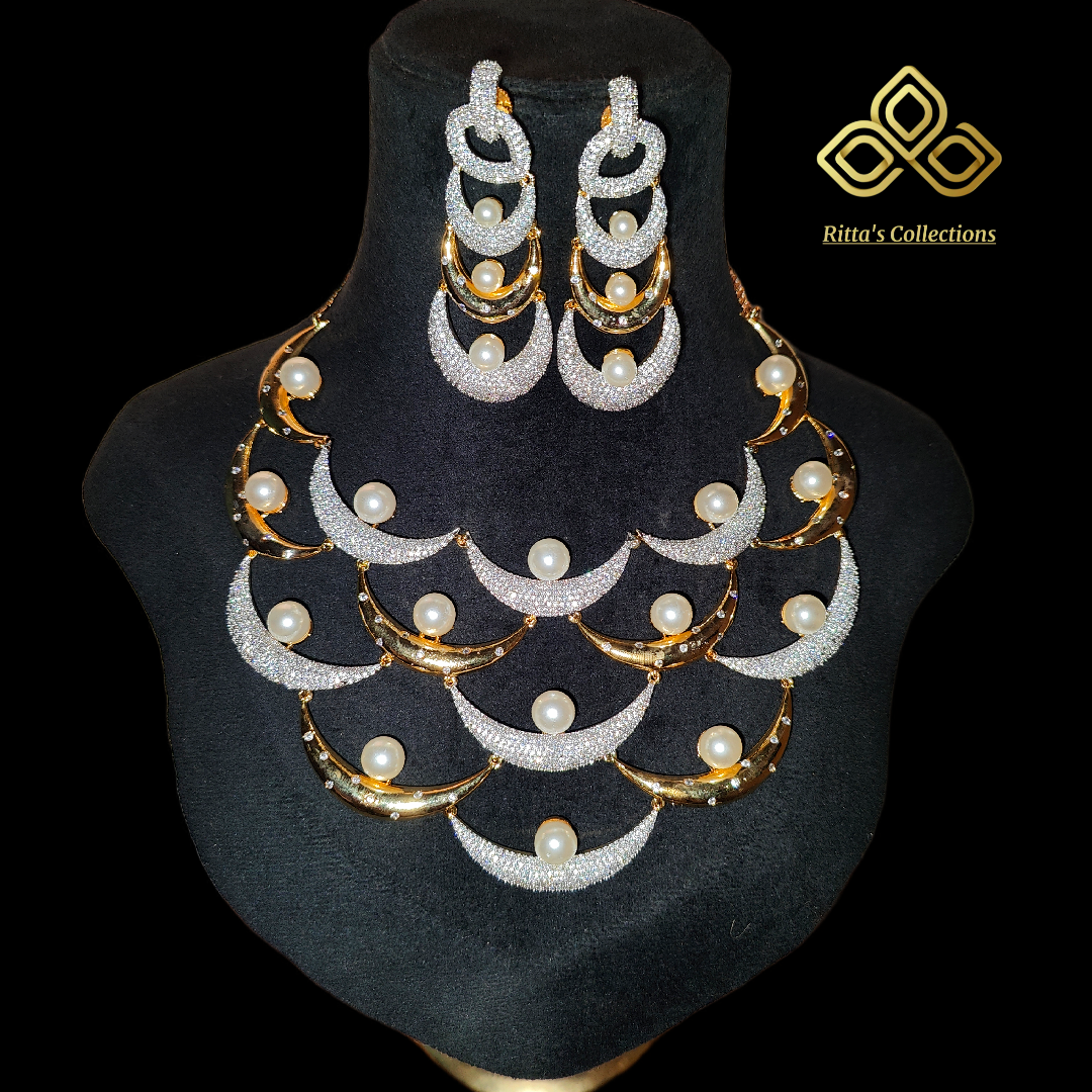 Ritta's American Diamond Statement Necklace with Pearls, 2 Tone Polish (Golden-Silver)