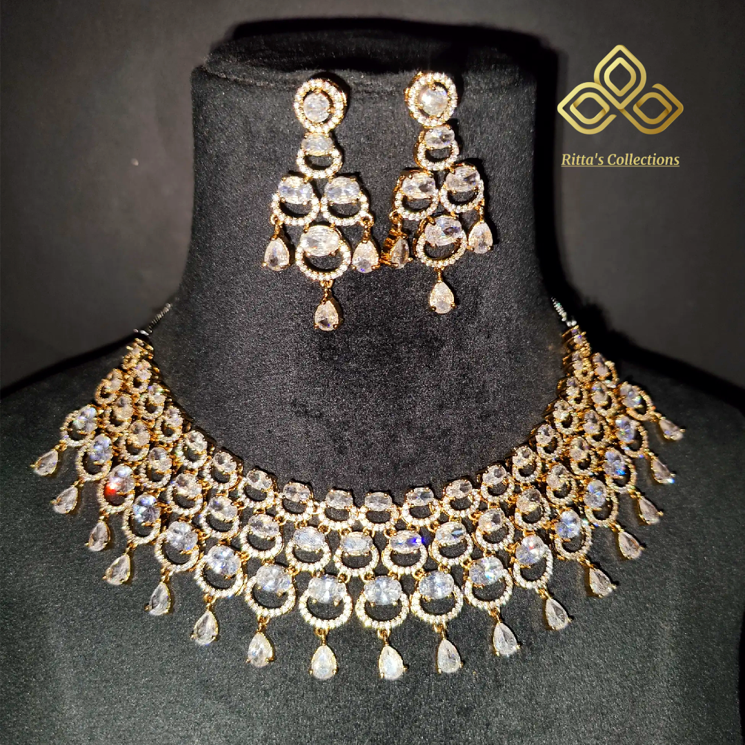 American Diamond Necklace with Golden Antique Polish (Mehendi Polish)