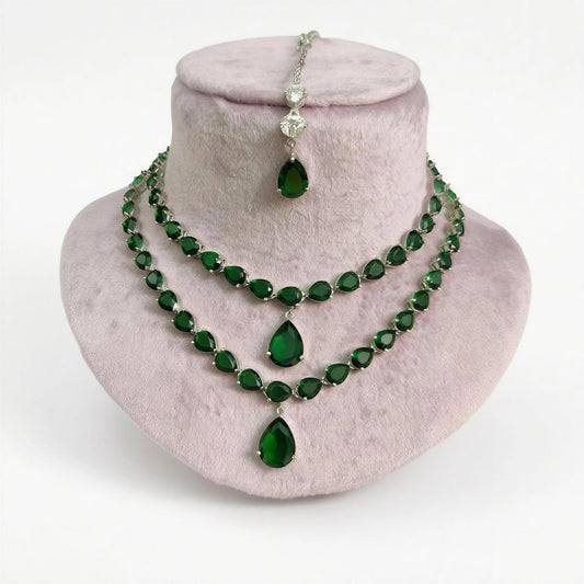 Emerald Green Double Layer Necklace with Earrings and Maangtikka