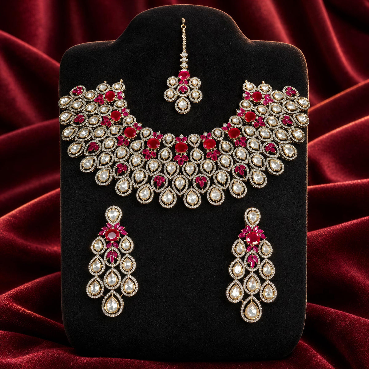 Ruby Pink Polki Kundan Choker with Necklace and Maangtikka
