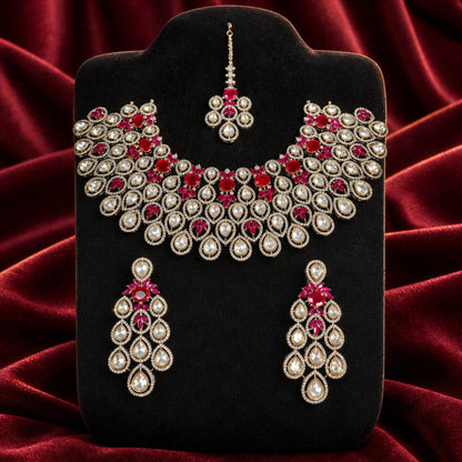 Ruby Pink Polki Kundan Choker with Necklace and Maangtikka